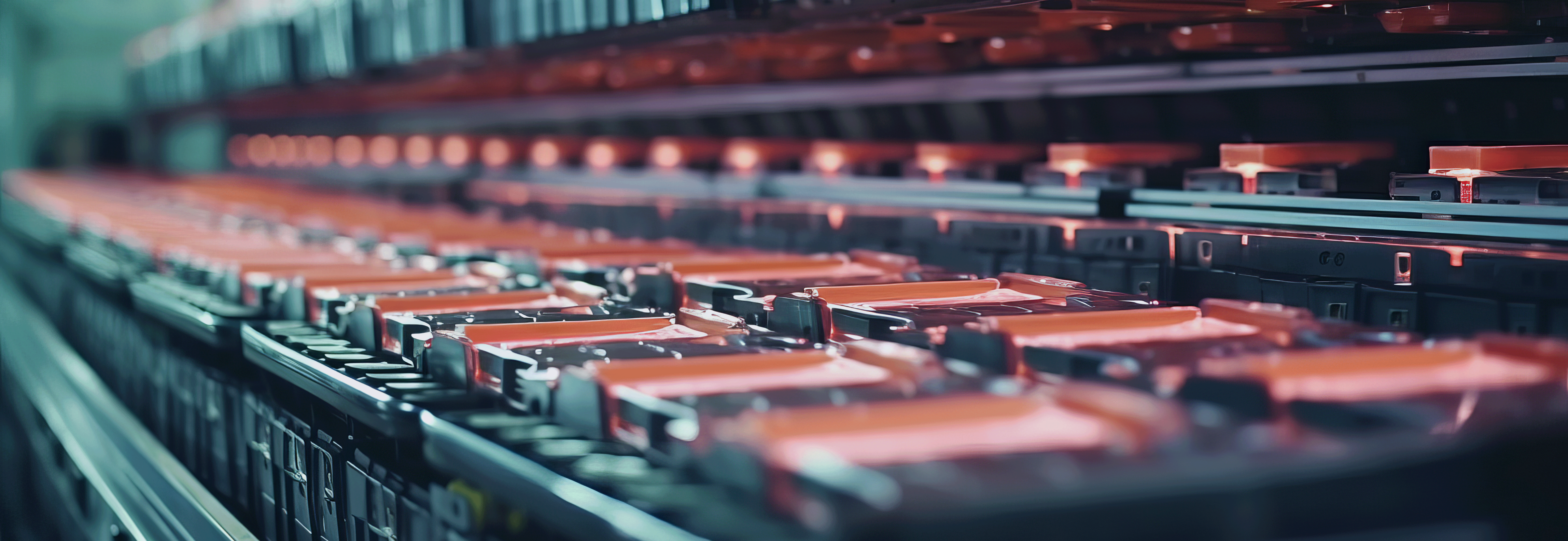 Mass production assembly line of electric vehicle battery cells close-up view 